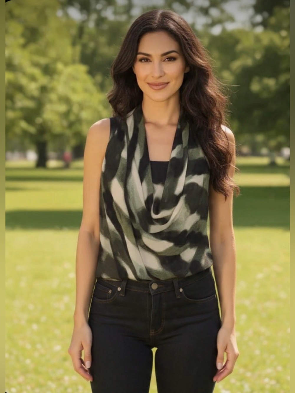 MiCHAEL KORS Chiffon Olive sleeveless Tunic Cowl Neck w/Attached Tank SMALL) NWT